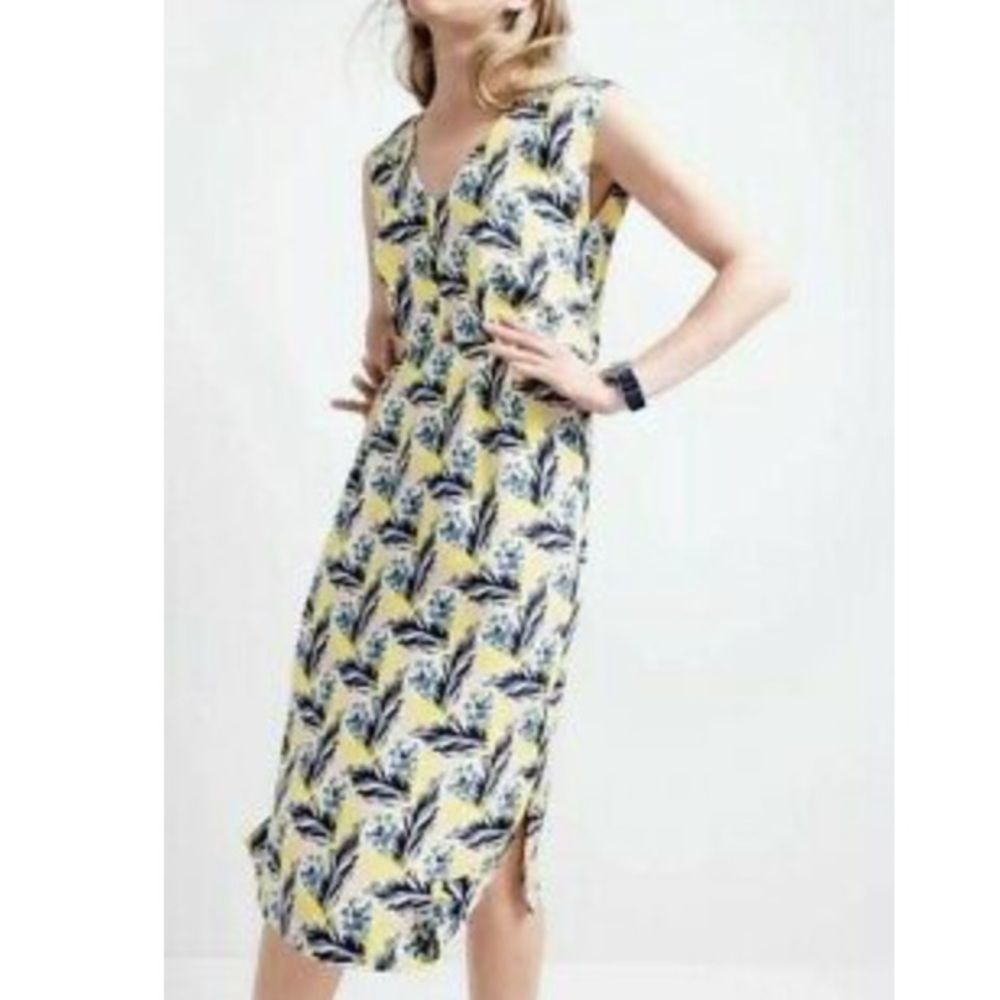 J Crew Silk Yellow and Blue Floral Sleeveless V-neck Midi Dress - Size 00